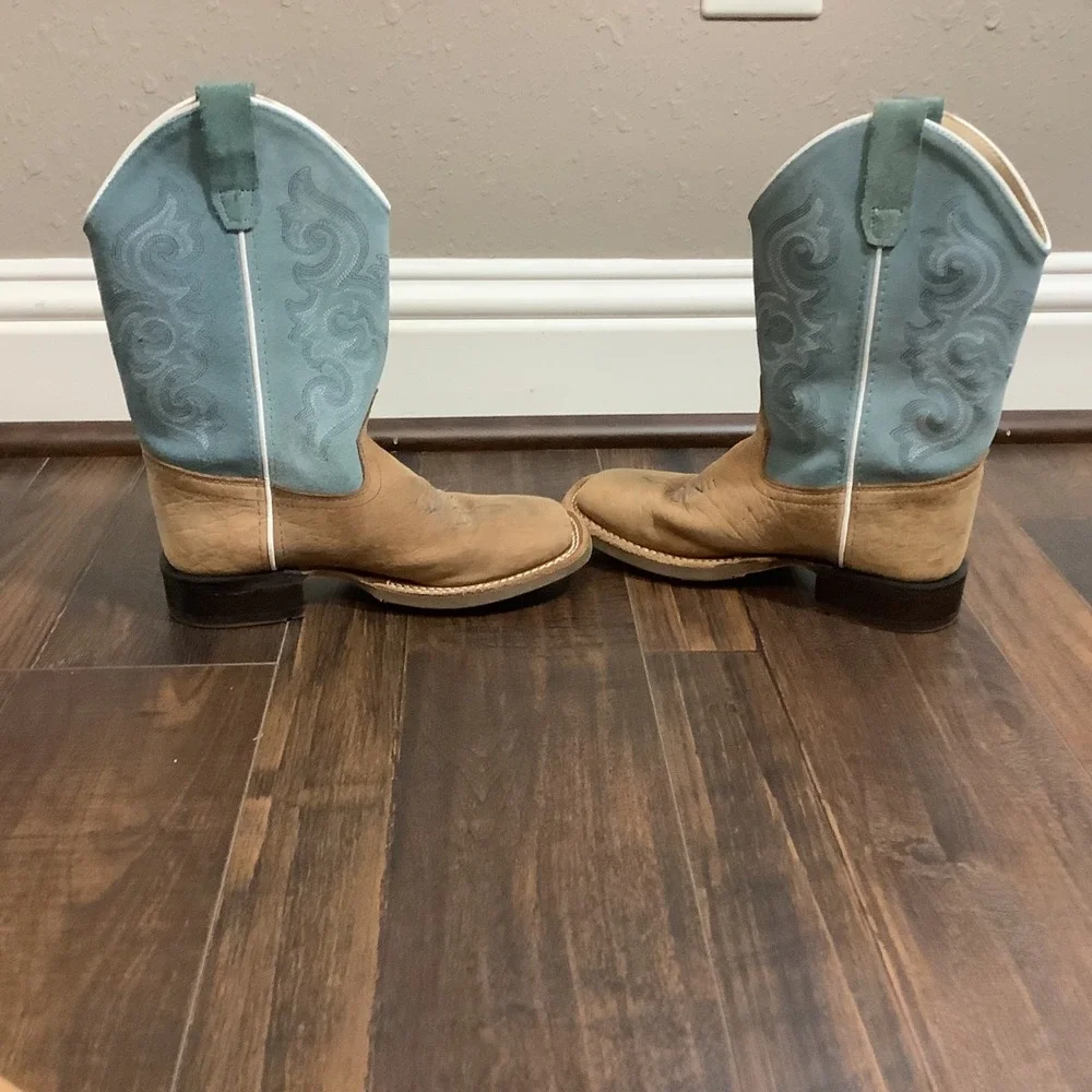 Cody James Youth Western Boots Tan Leather Blue Suede Square Toe Size 2.0D